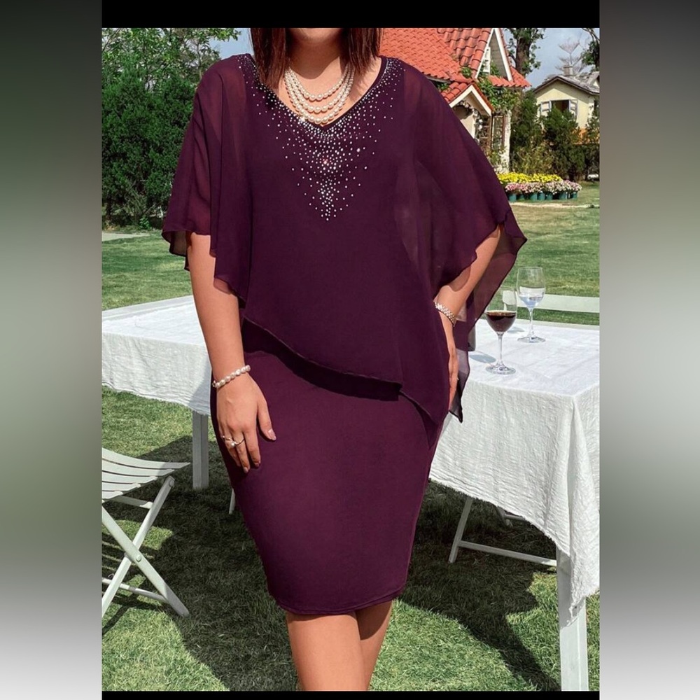 Women’s Plum Layered Knit and Chiffon Rhinestone Decor Dress size 3x
